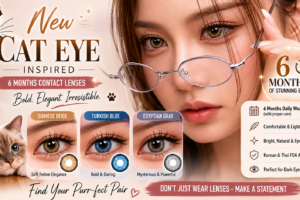 Uria cat eye colored contacts for dark eyes — Siamese Beige, Turkish Blue, Egyptian Gray. 6-month wear, Korean FDA registered. Prescription 0.00 to -10.00.