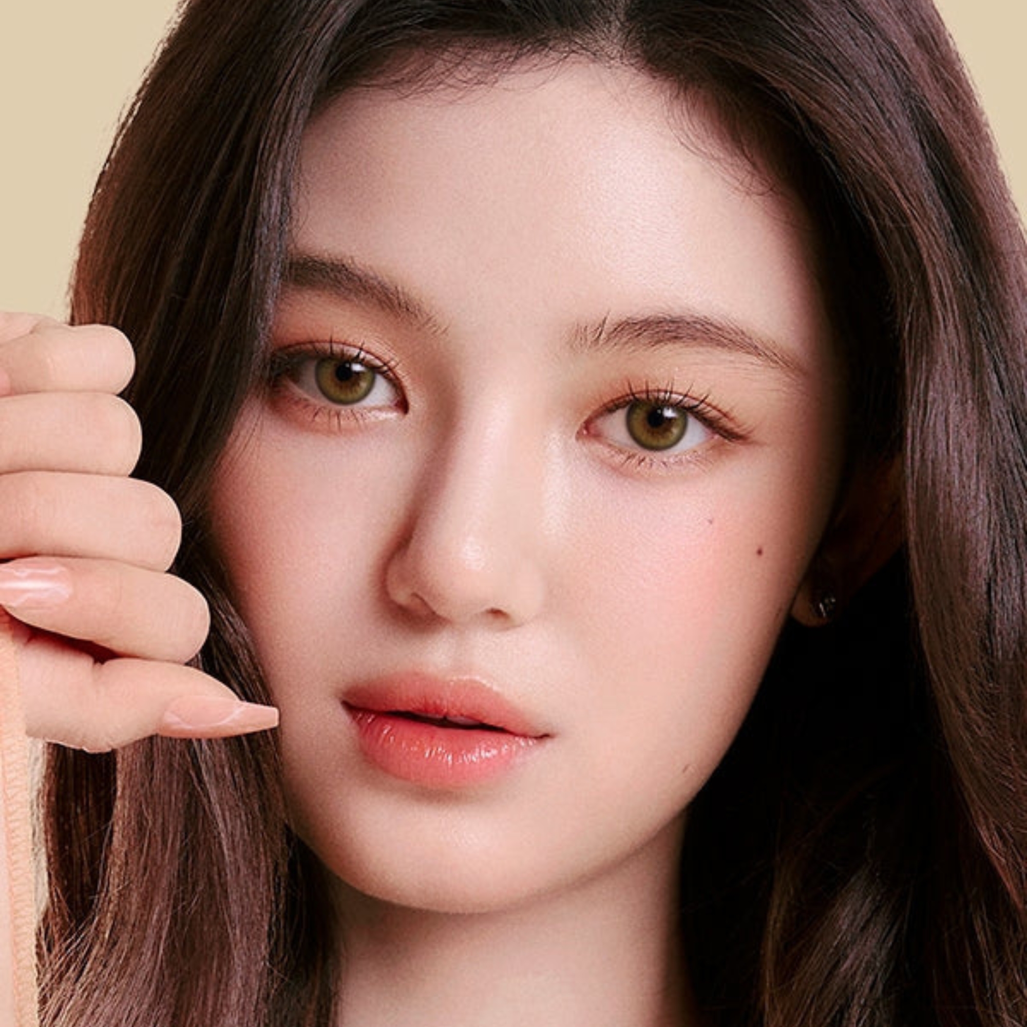 Enhance dark eyes with OLENS Scandi Olive monthly colored contacts. Natural olive tone, soft blend, no harsh ring. Korean FDA-approved. Powers 0.00 to -8.00.