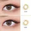 Enhance dark eyes with OLENS Scandi Olive monthly colored contacts. Natural olive tone, soft blend, no harsh ring. Korean FDA-approved. Powers 0.00 to -8.00.
