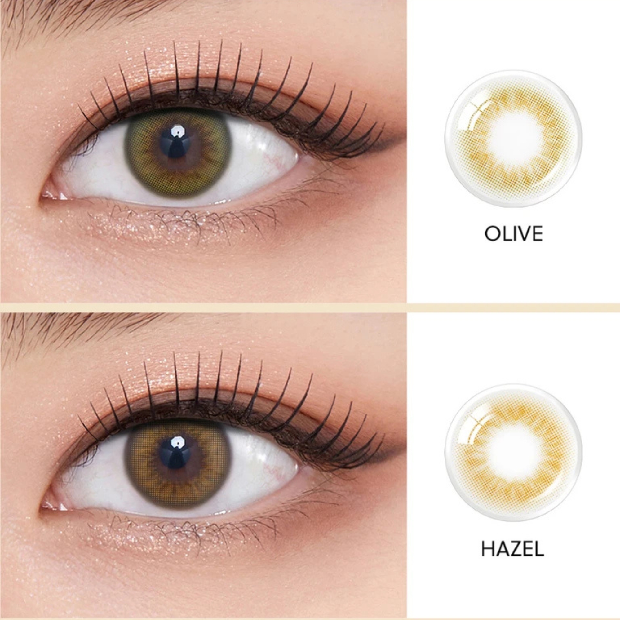Enhance dark eyes with OLENS Scandi Olive monthly colored contacts. Natural olive tone, soft blend, no harsh ring. Korean FDA-approved. Powers 0.00 to -8.00.