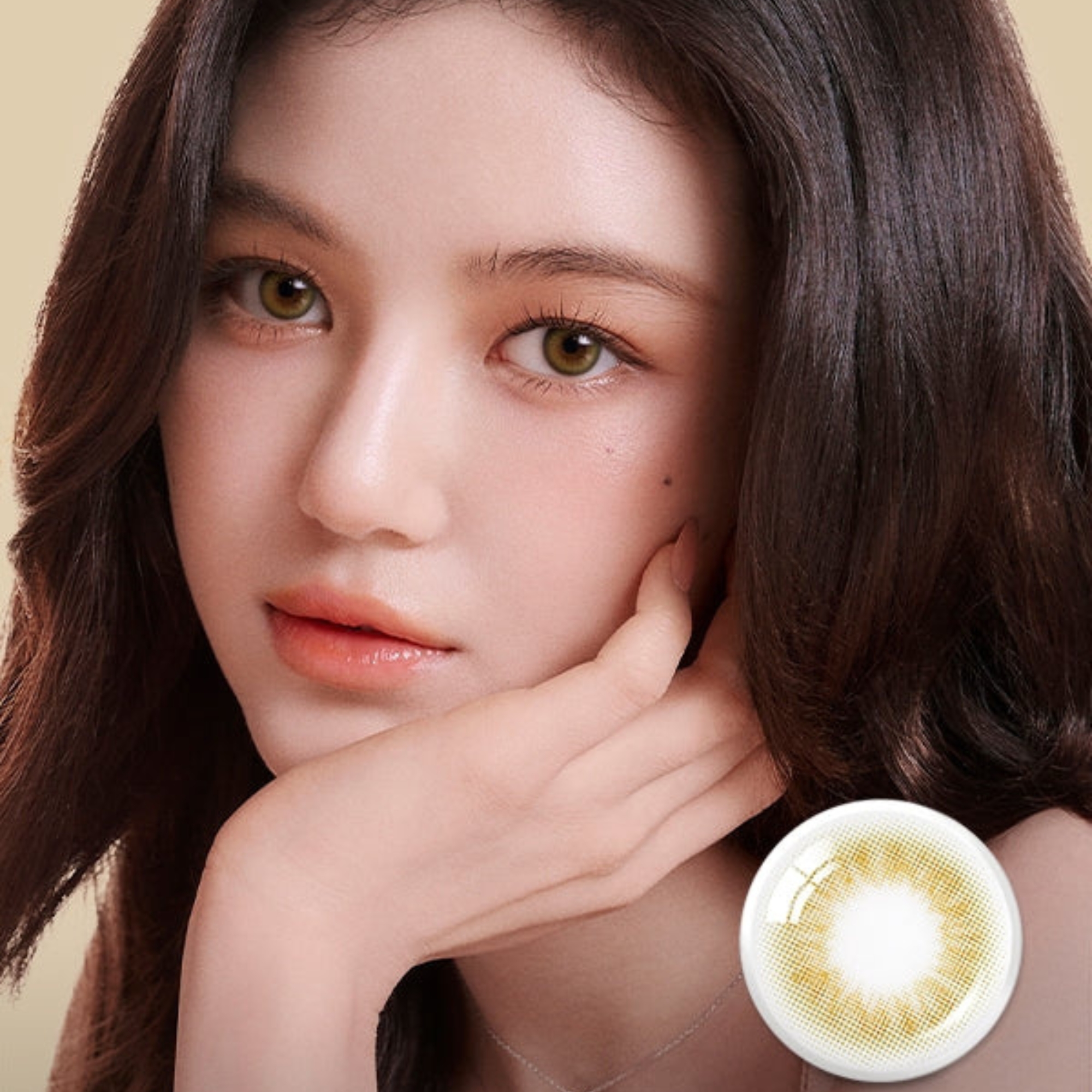 Enhance dark eyes with OLENS Scandi Olive monthly colored contacts. Natural olive tone, soft blend, no harsh ring. Korean FDA-approved. Powers 0.00 to -8.00.