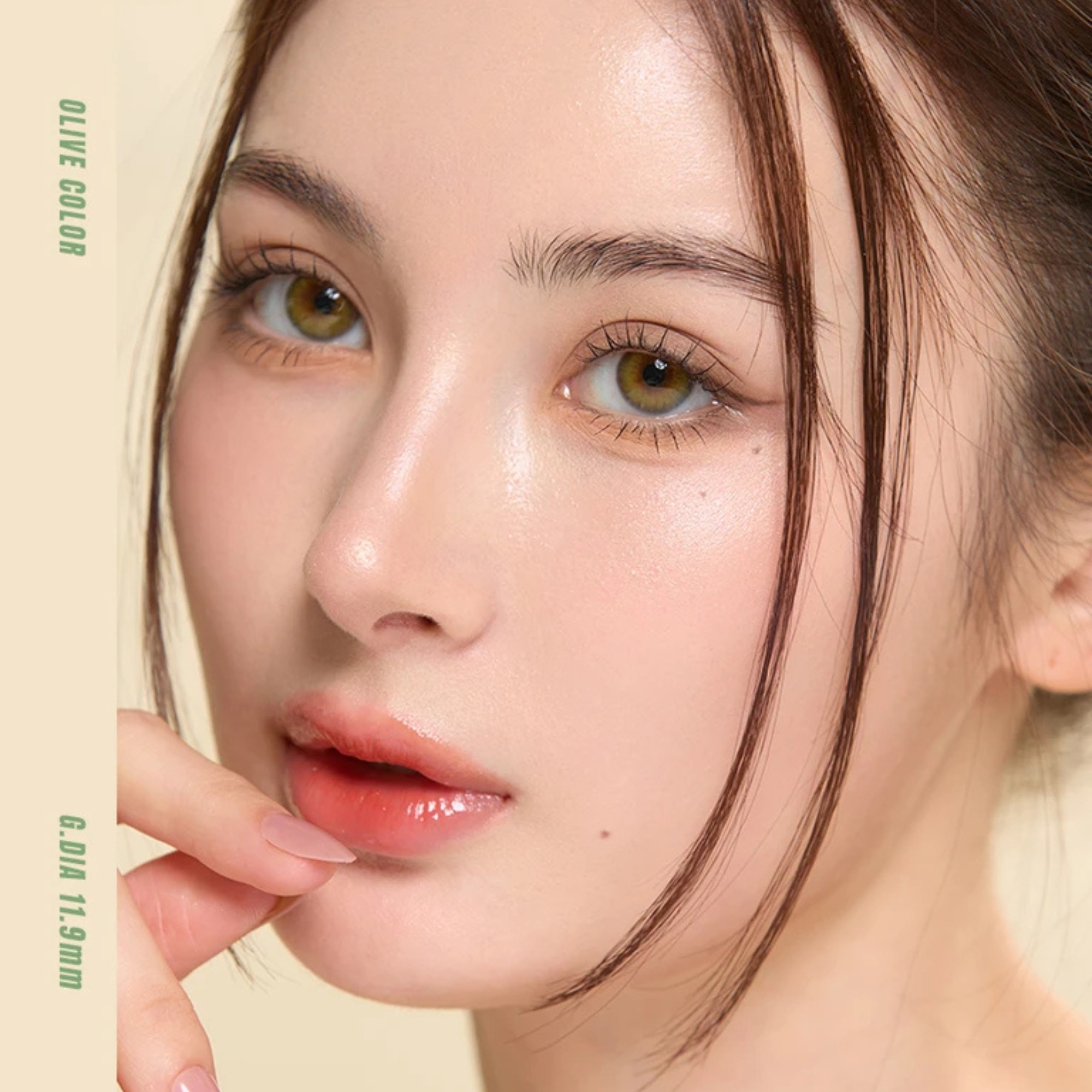 Enhance dark eyes with OLENS Scandi Olive monthly colored contacts. Natural olive tone, soft blend, no harsh ring. Korean FDA-approved. Powers 0.00 to -8.00.