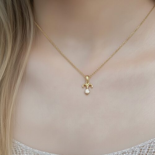 10K solid gold Aries pendant necklace with genuine diamond. Real Au 417 zodiac jewelry symbolizing strength, courage, and leadership. Premium gift ready.