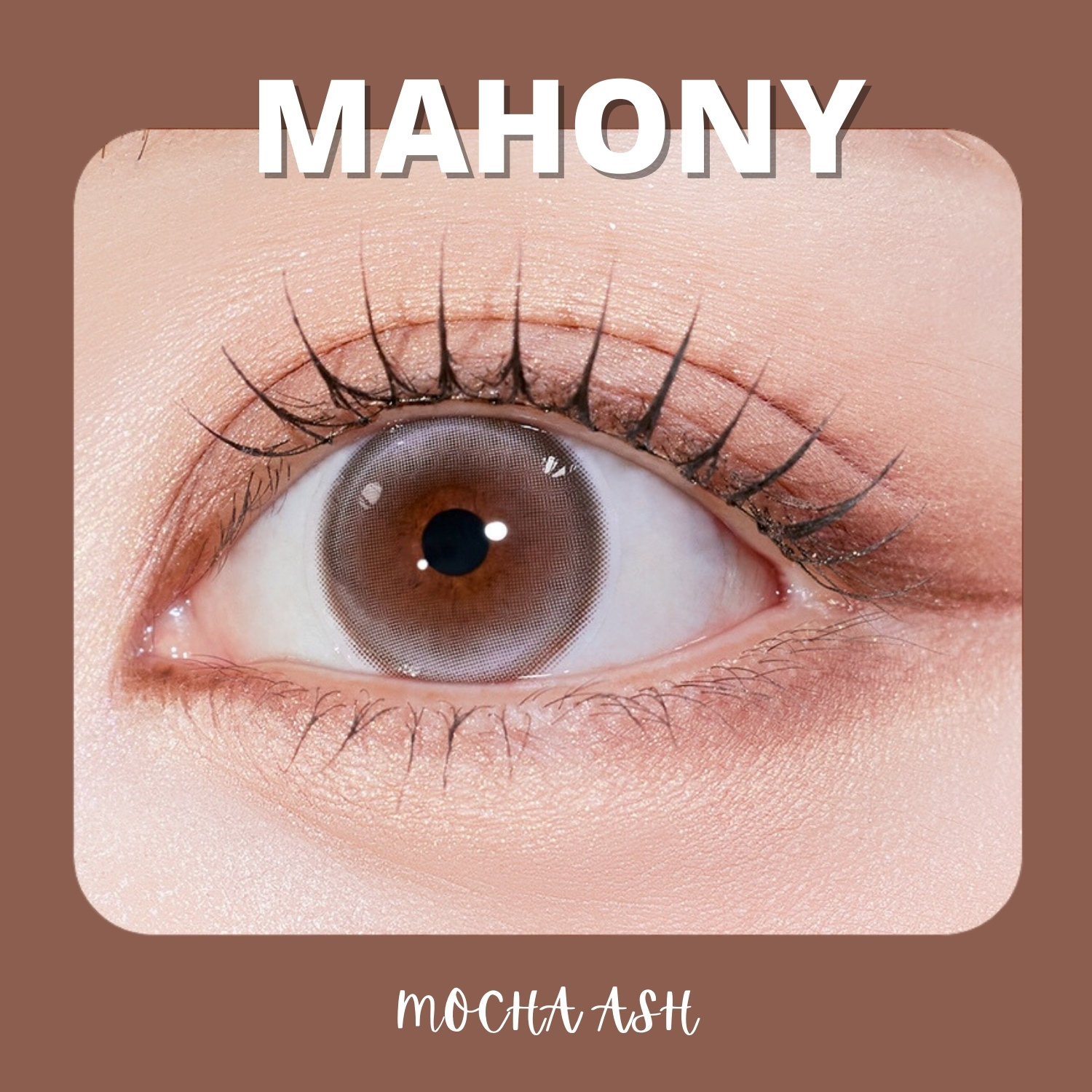 MYFiPN Mahony Mocha Ash monthly colored contacts feature a soft mocha ash tone that enhances dark eyes naturally. Available in plano & prescription (0.00 to -8.00).