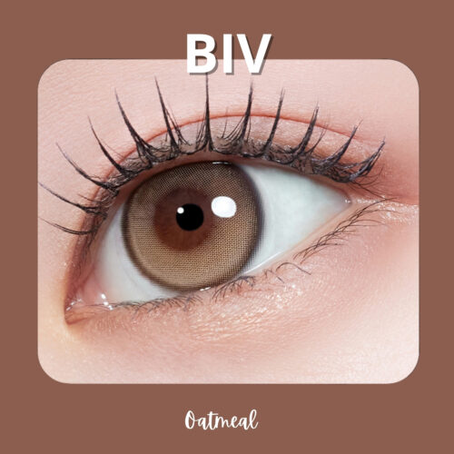 MYFiPN Biv Oatmeal monthly colored contacts with a soft filter-like oatmeal brown tone and defined limbal ring. Silicone hydrogel lenses available in 0.00 to -8.00.