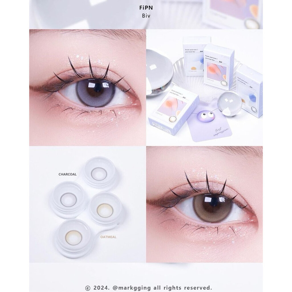MYFiPN Biv Oatmeal monthly colored contacts with a soft filter-like oatmeal brown tone and defined limbal ring. Silicone hydrogel lenses available in 0.00 to -8.00.