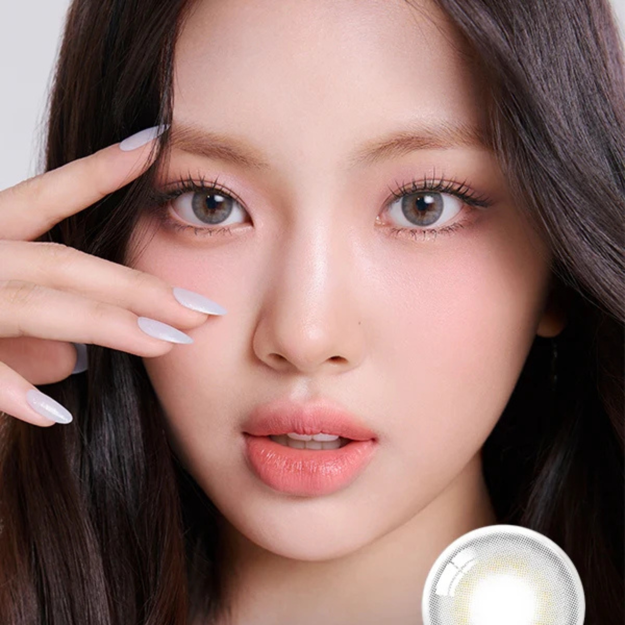 OLENS French Shine Gray monthly colored contacts. Soft gray with subtle shine and warm inner ring. Natural look, no harsh ring. 0.00 to -8.00, including plano.
