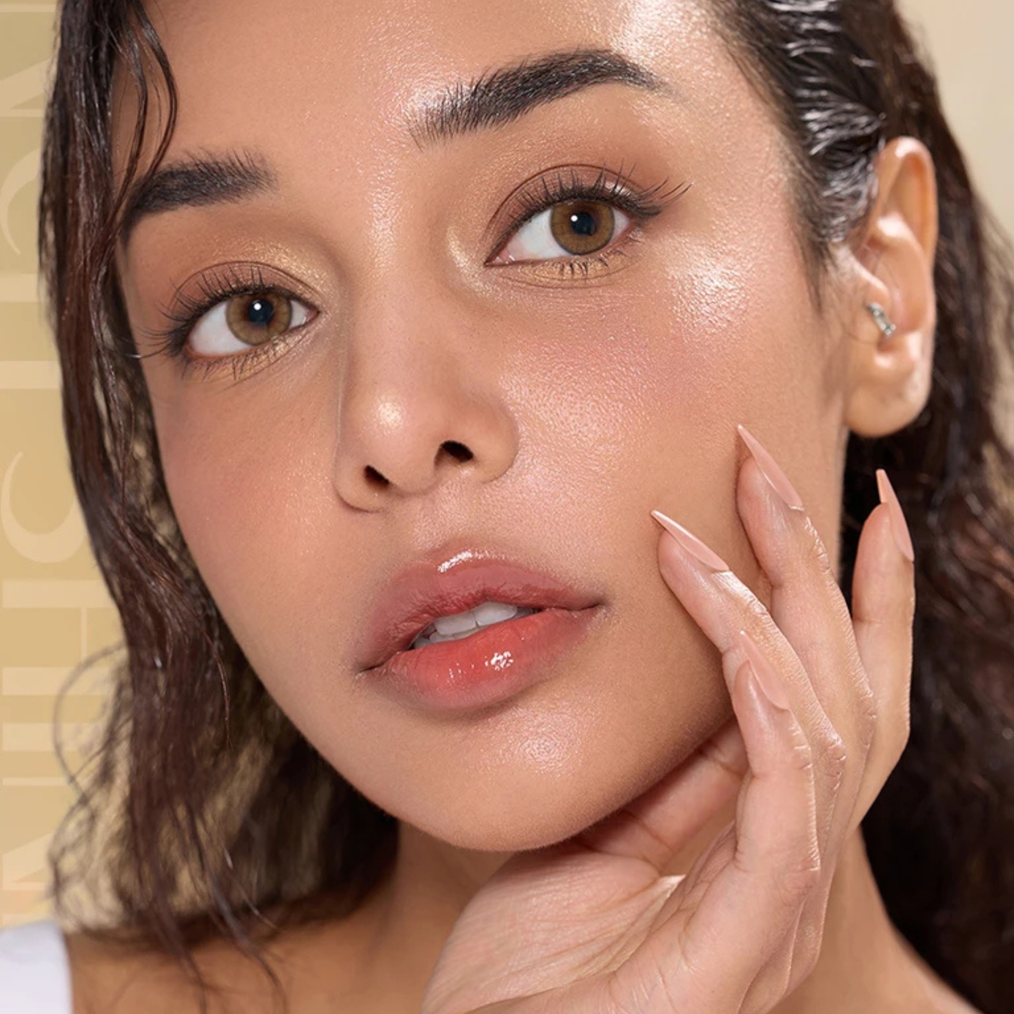 OLENS French Shine Hazel monthly colored contacts. Warm hazel tone with soft shine, natural blend, no harsh ring. Available 0.00 to -8.00, including plano.