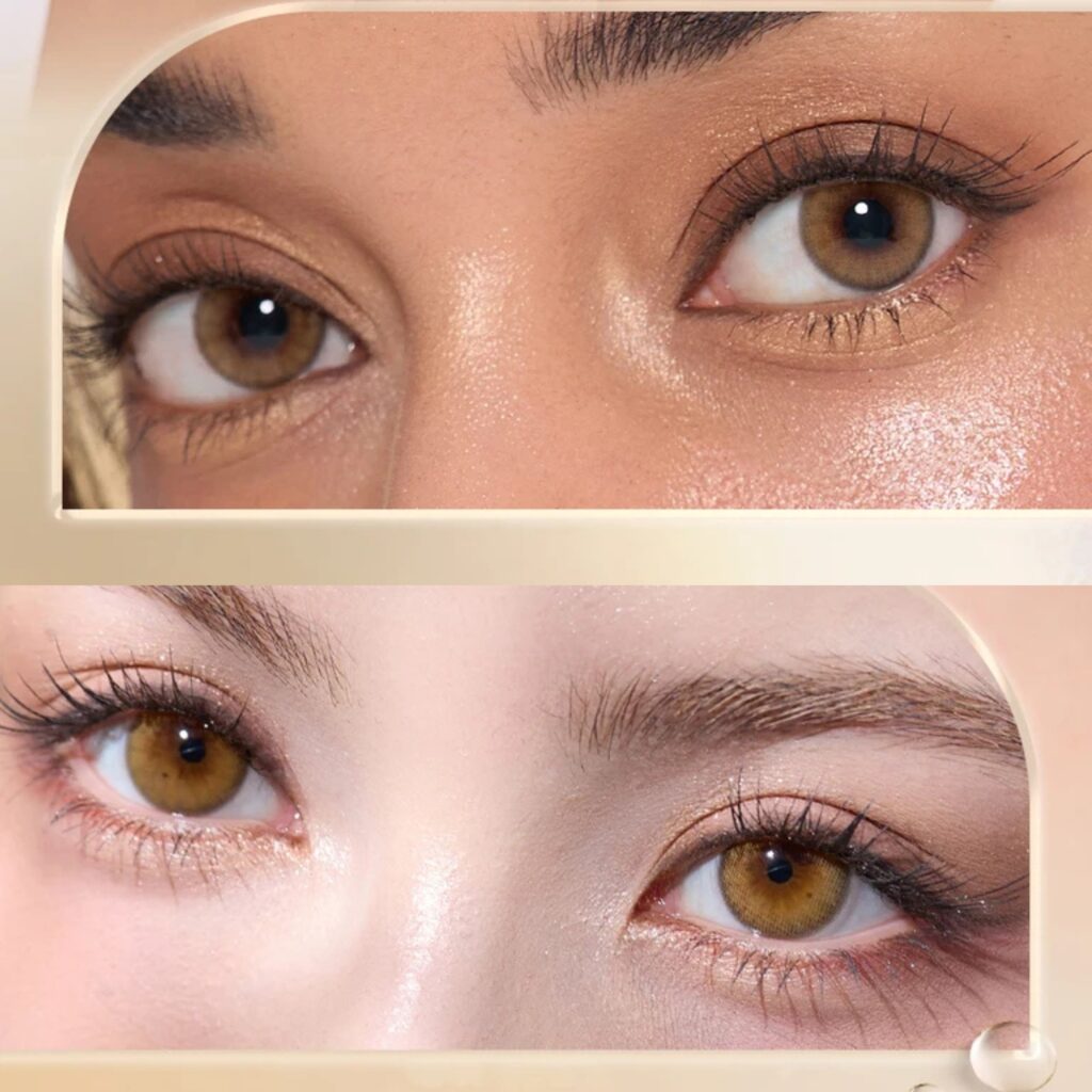 OLENS French Shine Hazel monthly colored contacts. Warm hazel tone with soft shine, natural blend, no harsh ring. Available 0.00 to -8.00, including plano.