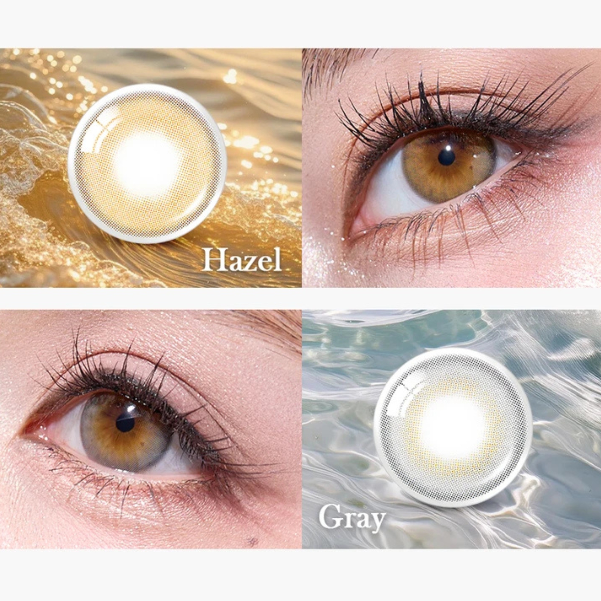 OLENS French Shine Hazel monthly colored contacts. Warm hazel tone with soft shine, natural blend, no harsh ring. Available 0.00 to -8.00, including plano.