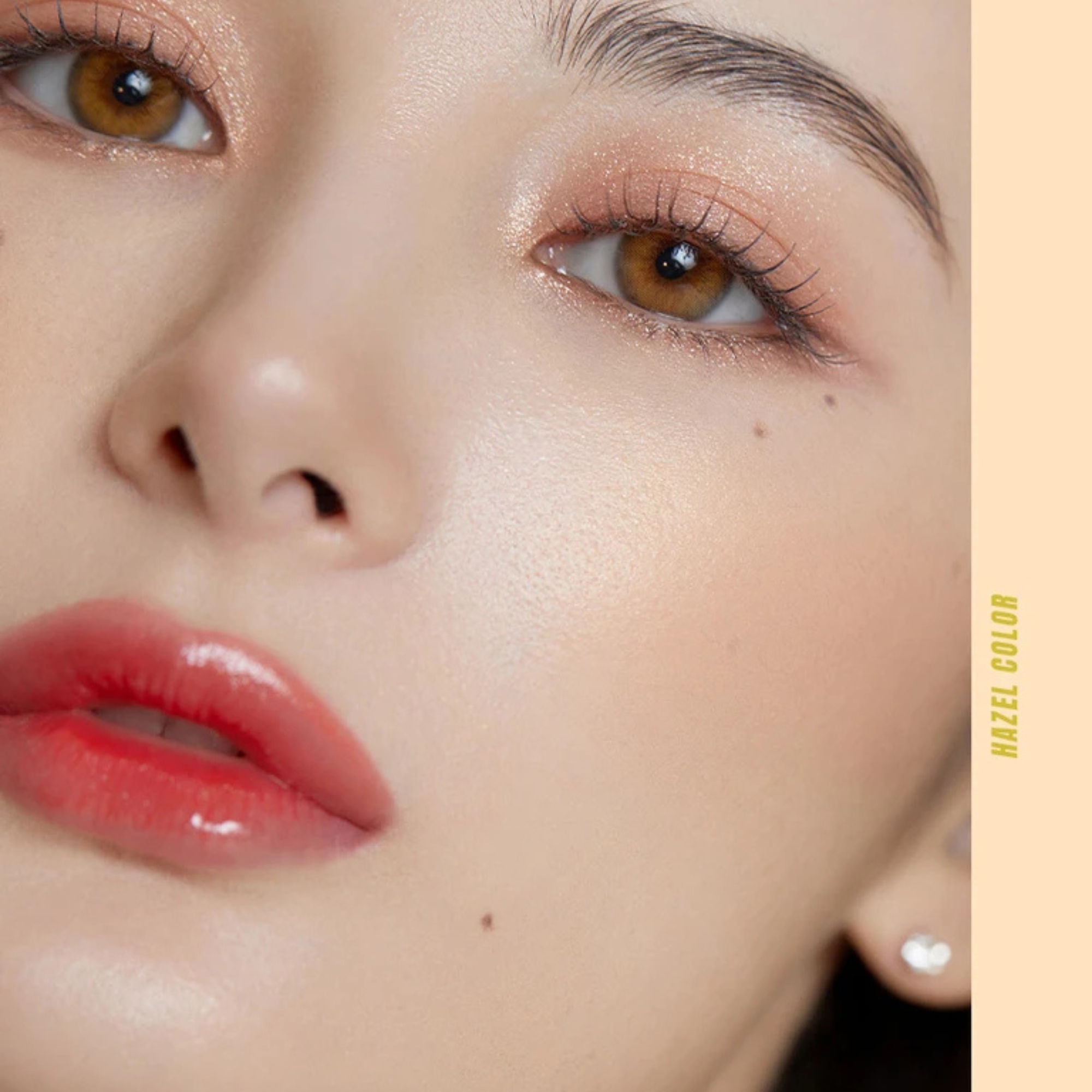 OLENS Scandi Hazel monthly colored contacts for dark eyes. Soft hazel blend, natural look, no harsh ring. Korean FDA-approved. Powers 0.00 to -8.00.