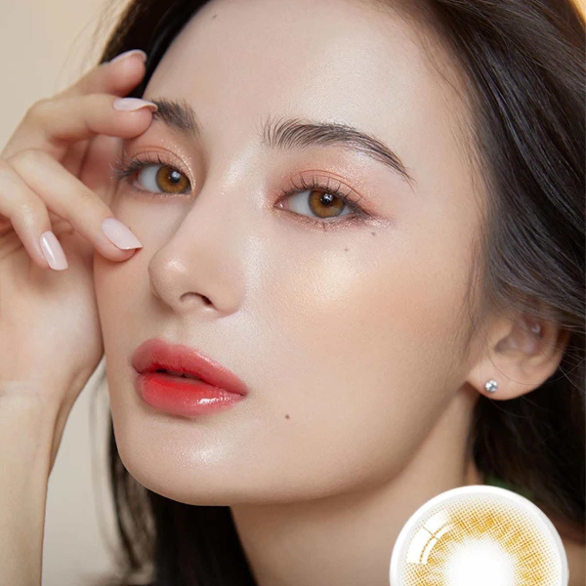 OLENS Scandi Hazel monthly colored contacts for dark eyes. Soft hazel blend, natural look, no harsh ring. Korean FDA-approved. Powers 0.00 to -8.00.