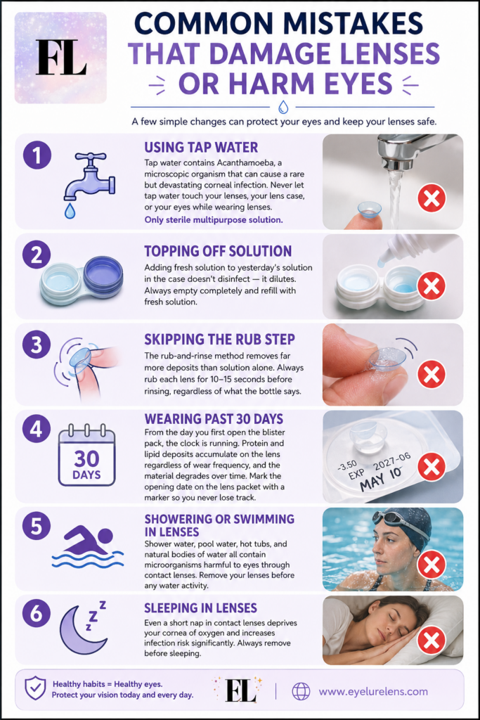 Common mistakes that damage colored contacts or harm your eyes infographic