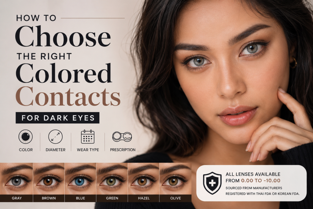 Not sure how to pick colored contacts for dark eyes? This guide covers color, opacity, diameter, wear type & prescription — so you buy right the first time.