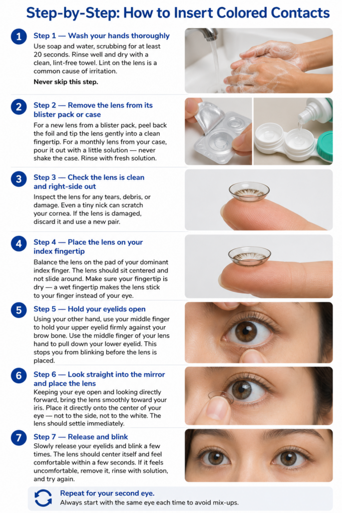 How to insert colored contacts step by step — placing lens on iris with eyelids held open
