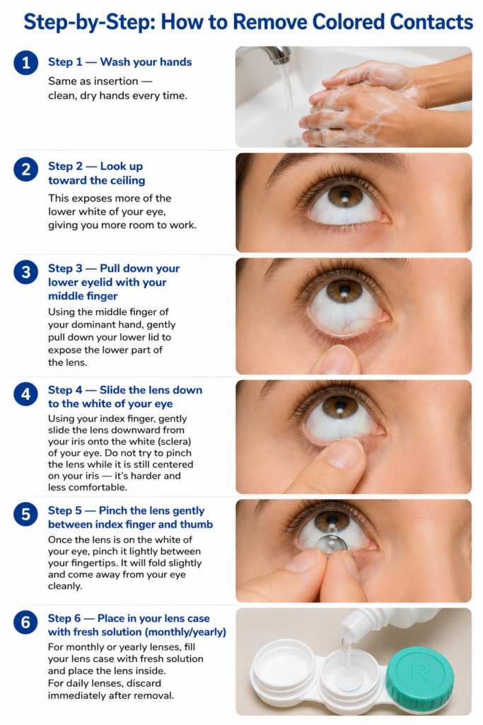 How to remove colored contacts — slide lens down then pinch gently for easy removal
