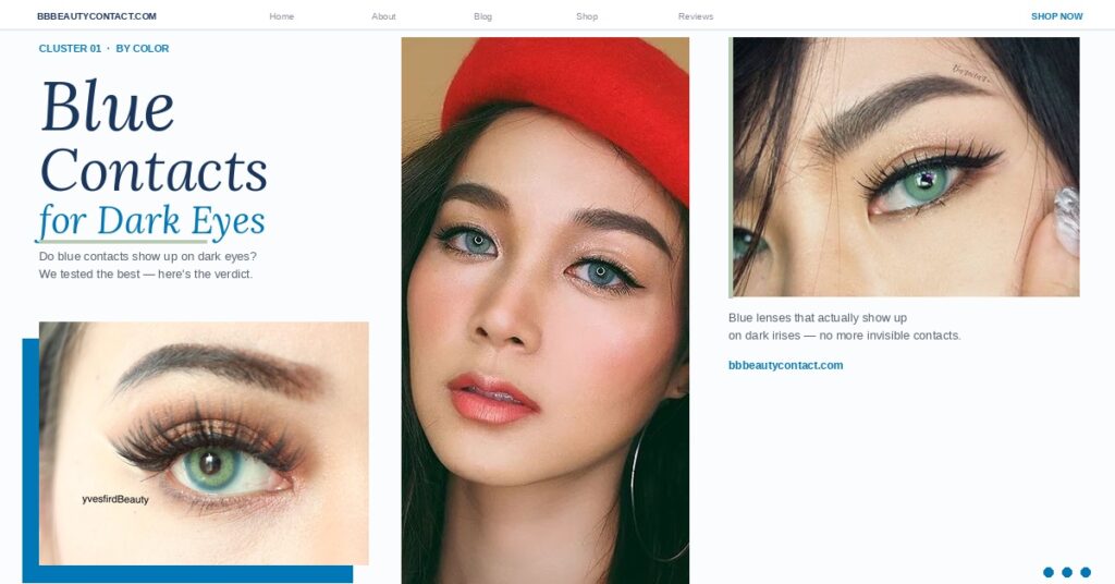 Blue colored contacts for dark eyes showing vivid opaque blue shades from icy cool to deep teal that actually show on dark irises