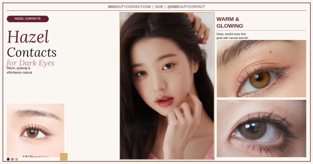 Hazel colored contacts for dark eyes showing multi-tonal green gold and brown pigment blending for a natural warm transformation