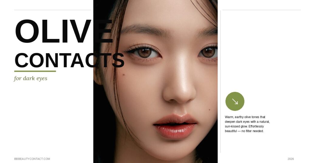 Olive colored contacts for dark eyes creating a natural earthy green-brown eye color transformation