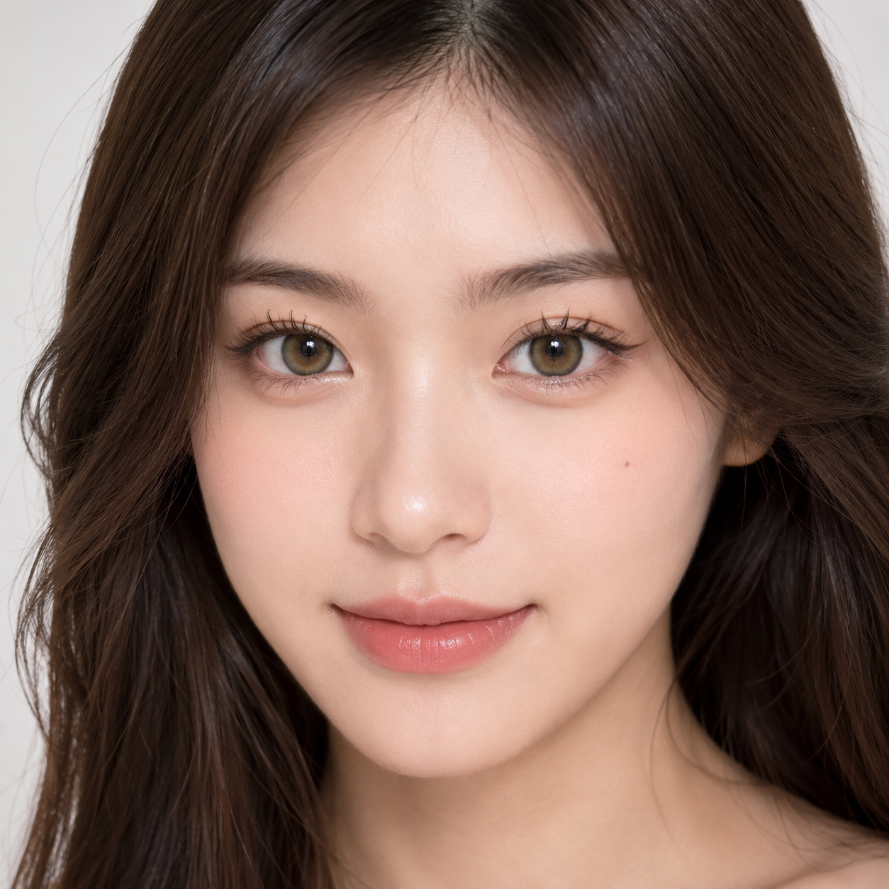 Model wearing Uria colored contacts for dark eyes