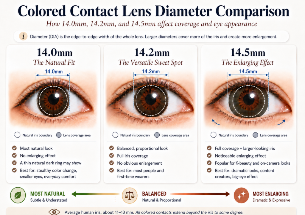 Enlarging vs natural diameter contacts for dark eyes — 14.0mm, 14.2mm, or 14.5mm? Learn which size fits your look and lifestyle at Fancylens.