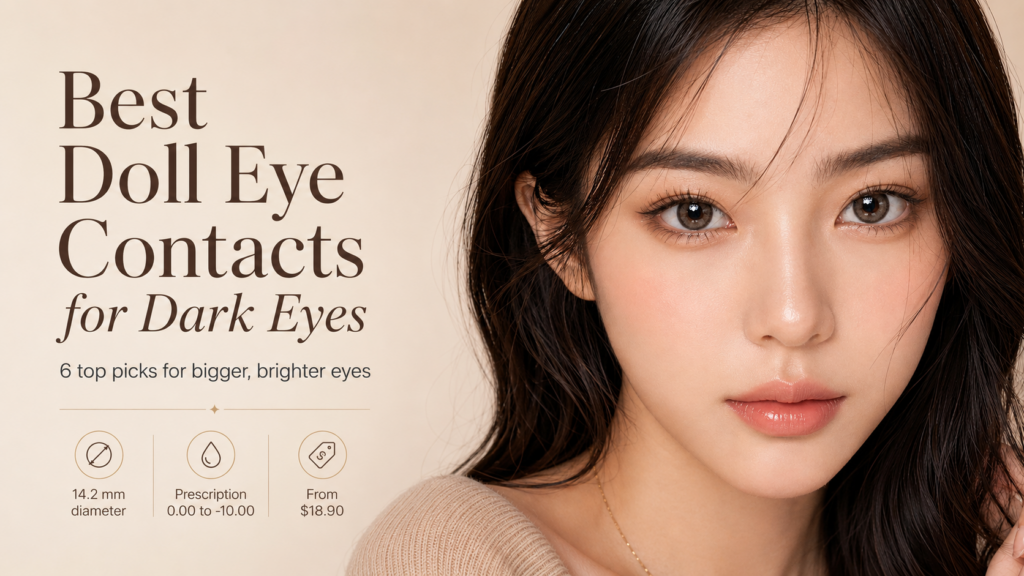 The best doll eye contacts for dark eyes use a 14.2 mm diameter with a defined limbal ring to create visible iris enlargement — the wide, luminous K-beauty look that works particularly well on naturally dark irises. Six top picks are available at bbbeautycontact.com with prescription from 0.00 to −10.00, starting at $18.90.