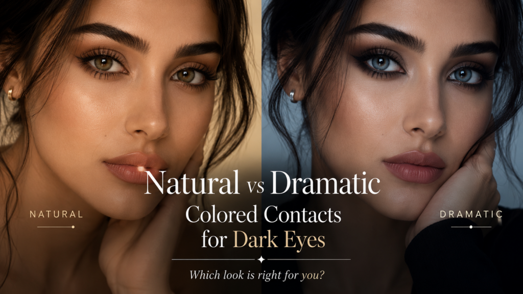 Natural olive and hazel colored contacts compared with dramatic blue and gray colored contacts on dark eyes