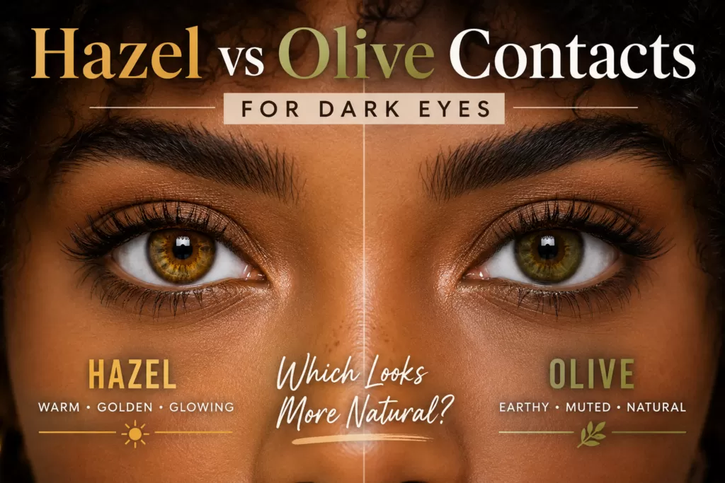 Hazel contacts add golden-brown warmth to dark eyes for a sun-kissed, honey-toned effect. Olive contacts create a muted green-brown shift that looks like your natural iris quietly evolved overnight. Both are among the most naturally plausible colors on dark eyes. Top picks at Fancylens (bbbeautycontact.com): Glamlens No.1 Hazel for warm glow and Hapa Kristin Bittersweet Olive for earthy depth — both available with prescription.