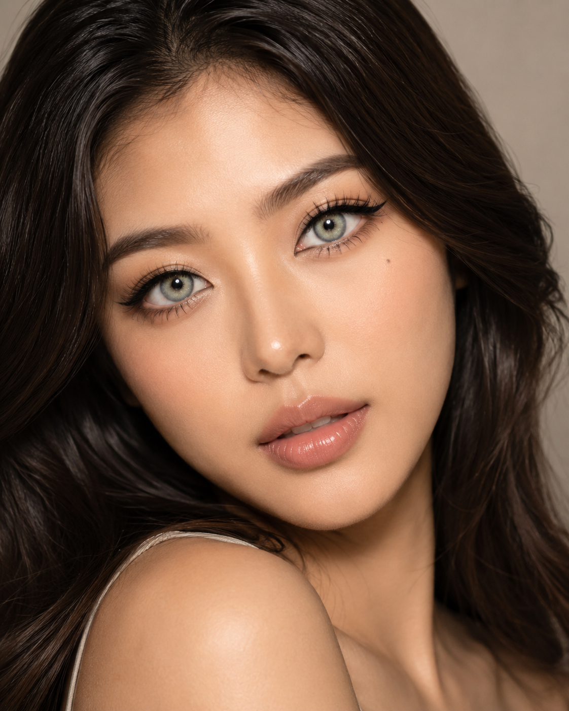 Model wearing Pitchy colored contacts for dark eyes
