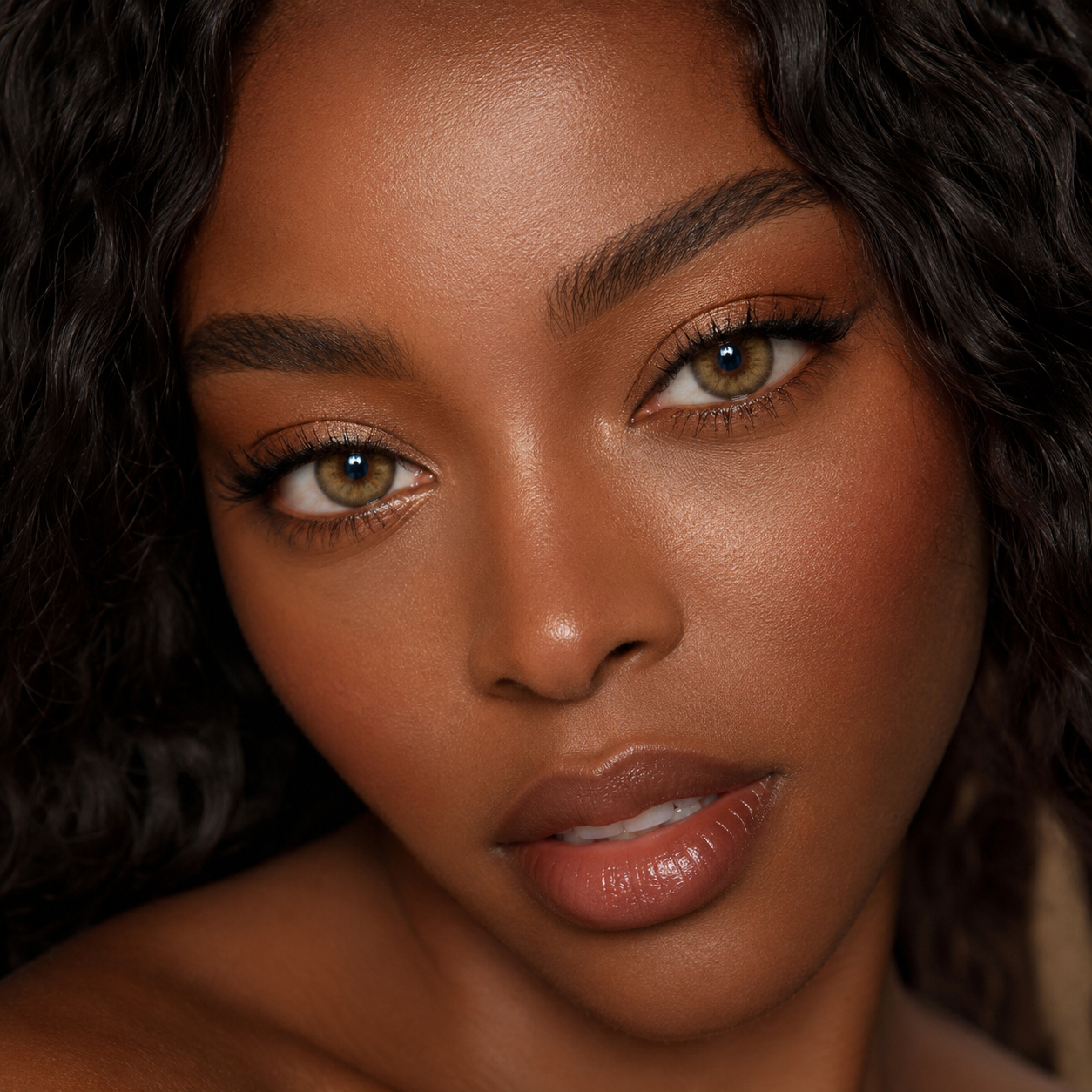 Model wearing hazel colored contacts for dark eyes