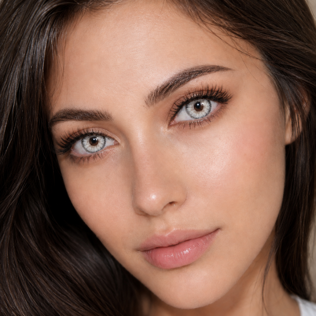 Dreamcolor Teresa Gray colored contacts for dark eyes offer strong color payoff with a smooth blend and clear finish. Available in powers 0.00 to -10.00.
