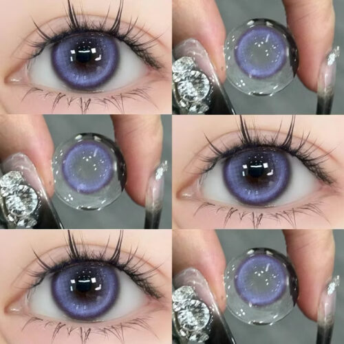 Shop Shinye Flying Purple 6-Month Colored Contacts for dark eyes with a bright purple tone, soft limbal ring, and doll-eye effect. powers 0.00 to -4.50.