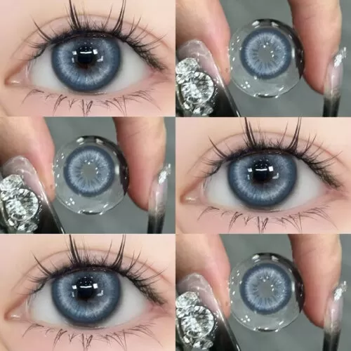 Shop Shinye Neon Blue 6-Month Colored Contacts for dark eyes with a soft limbal ring and realistic blue-eye effect. Available in powers 0.00 to -4.50.
