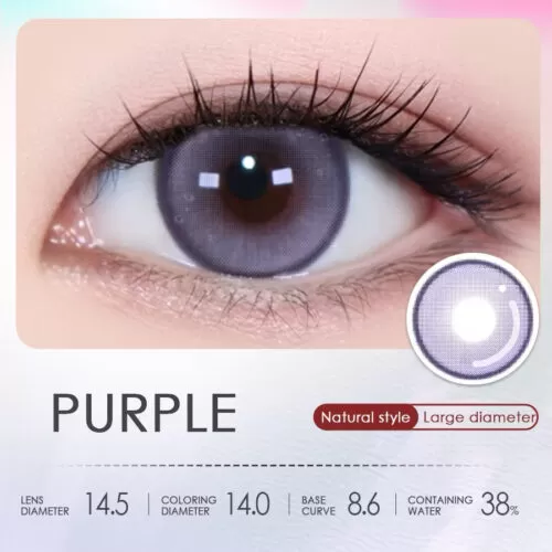 Shinye Pop Purple 6-Month Colored Contacts for Dark Eyes create a bright purple, dolly-eye look with a soft limbal ring. Powers 0.00 to -4.50.