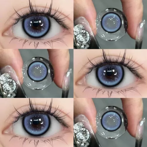 Shop Shinye Glass Blue 6-Month Colored Contacts for dark eyes with a dark limbal ring for a realistic blue-eye effect. Powers 0.00 to -4.50.