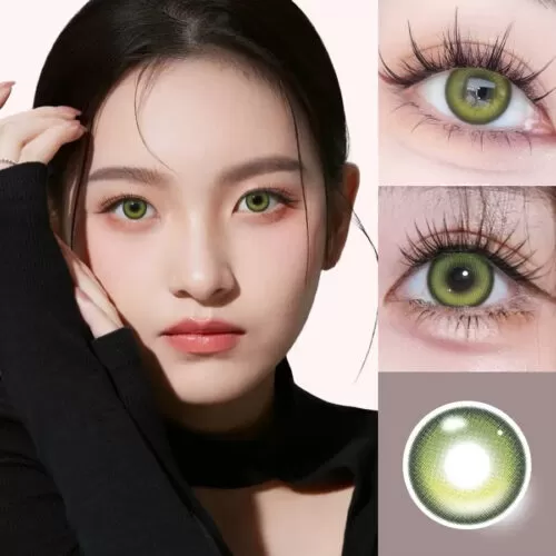 Shop Shinye Lime Green 6-Month Colored Contacts for dark eyes with a vivid lime green shade. Perfect for cosplay, anime looks, Halloween, and bold transformations.
