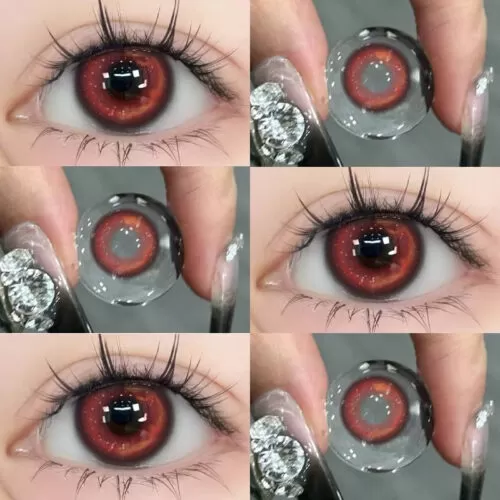 Shop Shinye Wine Red 6-Month Colored Contacts for dark eyes with a cute wine-red shade and soft milky pattern. Available in powers 0.00 to -4.50.